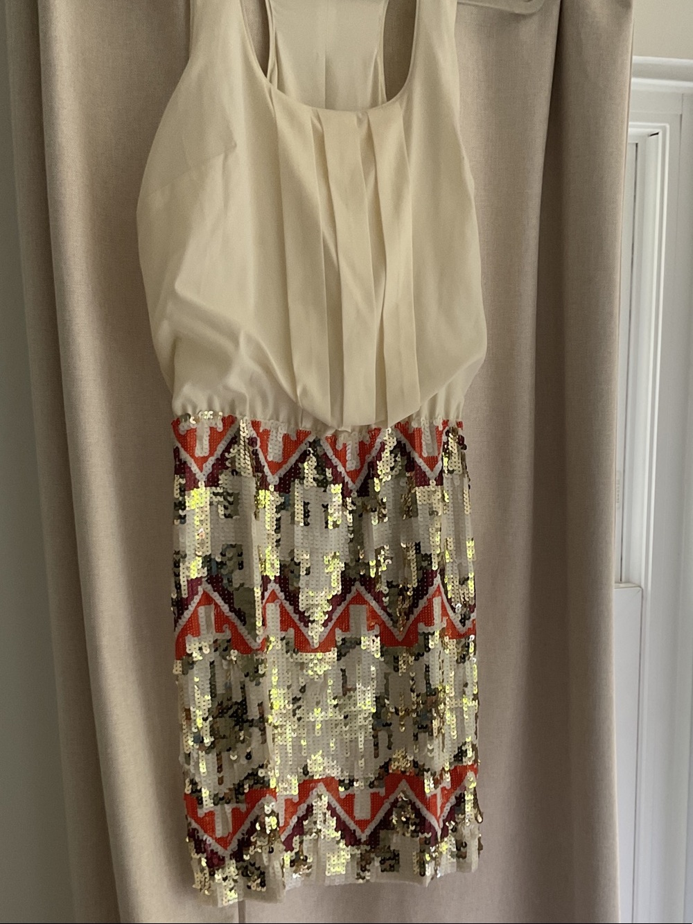 Jessica Simpson Cream Mini Dress with Gold and Orange Sequin Trim
